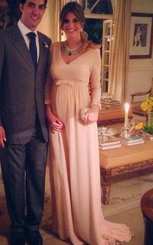 Langärmeliges Chiffonkleid in A-Linie mit V-Ausschnitt und Schleife