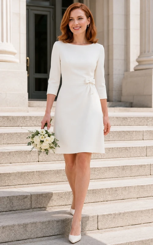Crepe 3/4 Sleeve Sheath Jewel Neck Short Courthouse Civil Bridal Dress