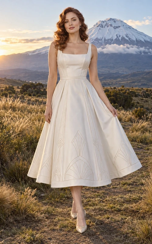 Vestido de novia de satén de algodón de largo midi con escote cuadrado, detalles geométricos y falda en línea A.
