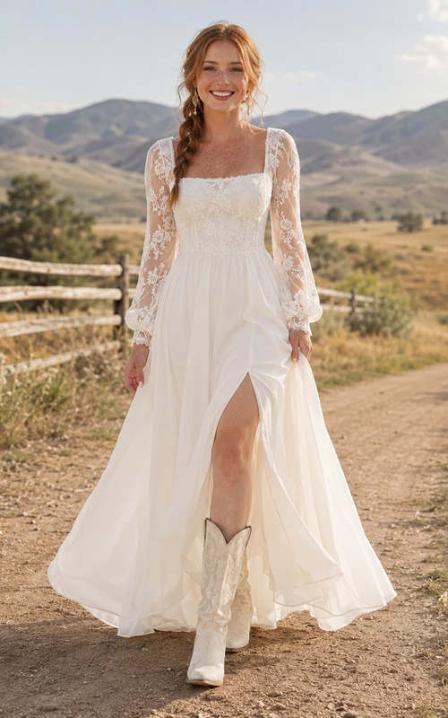 Robe de mariée de maternité, coupe trapèze, en dentelle et tulle, col carré, manches courtes et traîne.