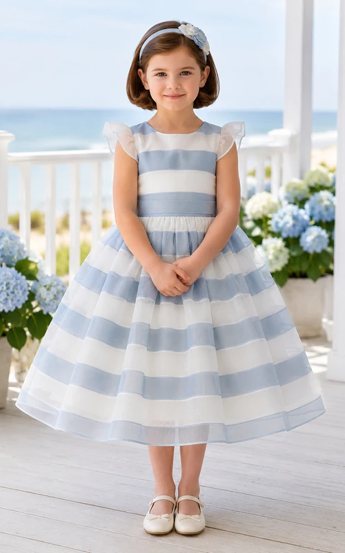 Sky Blue Striped Organza A-Line Flower Girl Dress, Short Sleeve Cap, Square Neck, Bow Back, Tea-Length Beach