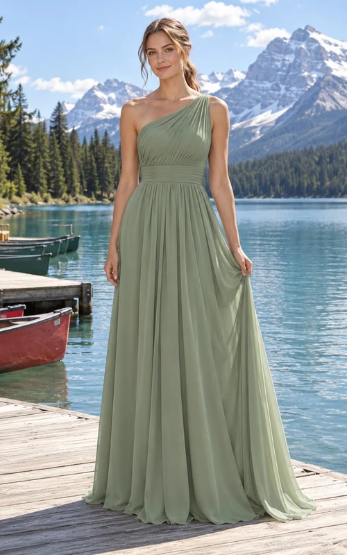 Robe de demoiselle d'honneur vert sauge simple avec corsage plissé asymétrique et jupe trapèze