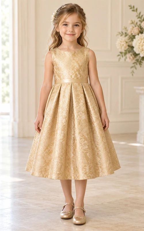 Tea-length Gold Jewel Sleeveless Leaf-patterned Ribbon-waist Box-pleated Zipper-back Brocade Flower Girl Dress