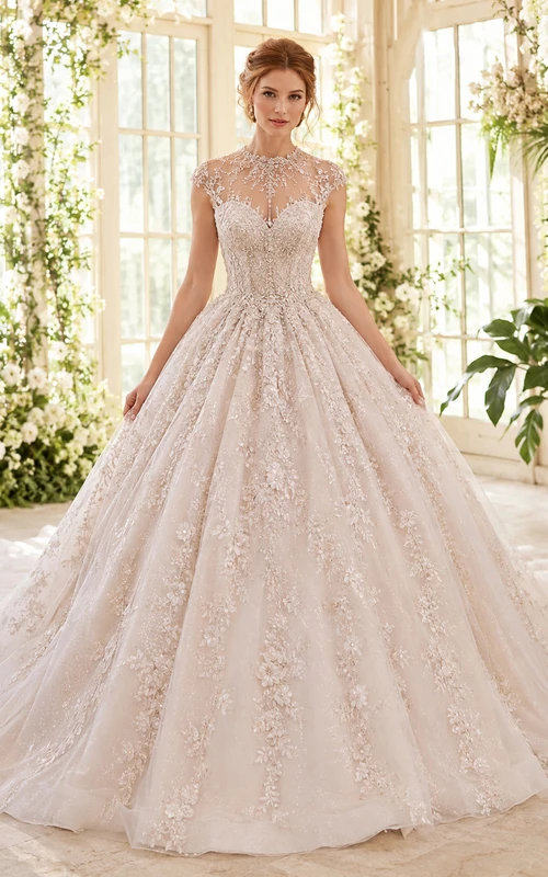 Robe de mariée de bal en dentelle illusion à col montant et traîne chapelle ornée de perles
