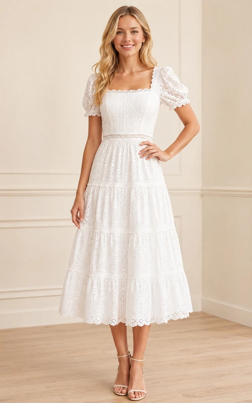 Eyelet Morning White A-Line Tea-Length Square Short-Sleeve Lace Vintage Homecoming Dress