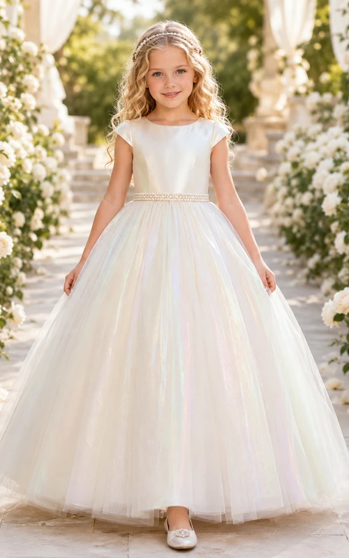 Flower Girl Dress A-Line Cream Iridescent Tulle Cap Sleeve Garden Formal