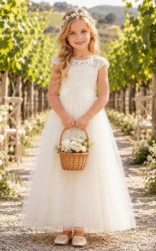 Ivory A-Line Floor-Length Flower Girl Dress with Scoop Neck, Lace Cap Sleeves, Buttoned Keyhole Back and Bow Sash