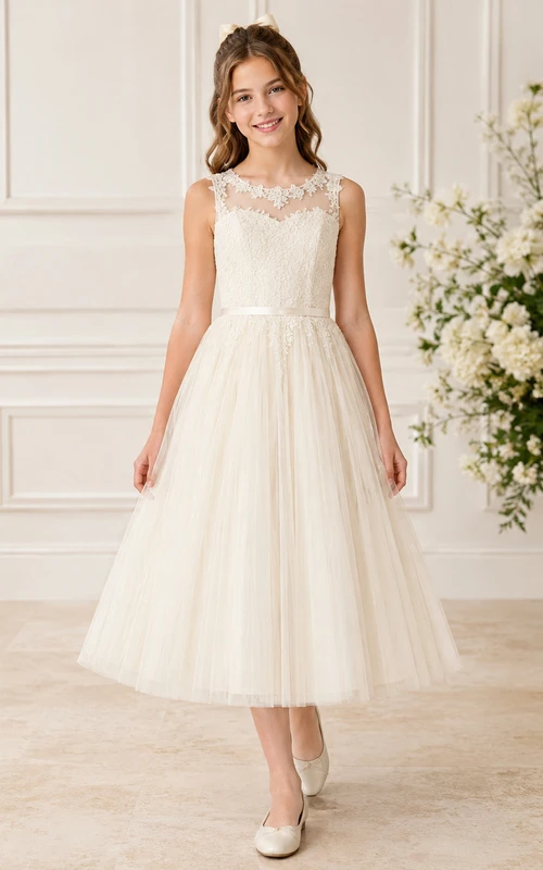 Elegant Lace Tea-Length A-Line Flower Girl Garden Wedding Tulle Dress With Illusion Jewel Neck