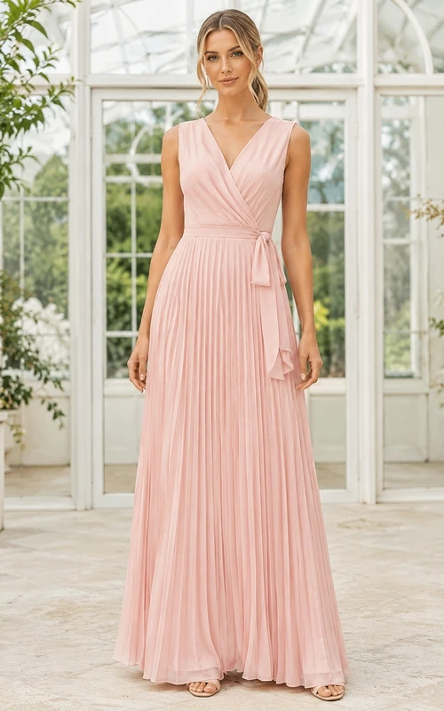 Light Pink Chiffon Wrap Sleeveless Pleated A-line Floor-length Dress