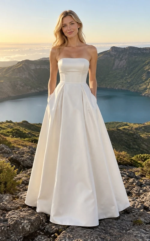 Schlichtes, trägerloses, plissiertes Brautkleid in A-Linie, bodenlang