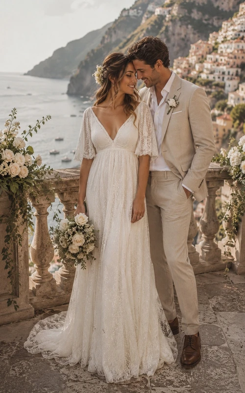 Halbärmeliges Brautkleid im Boho-Country-Empire-Stil mit V-Ausschnitt und Spitze
