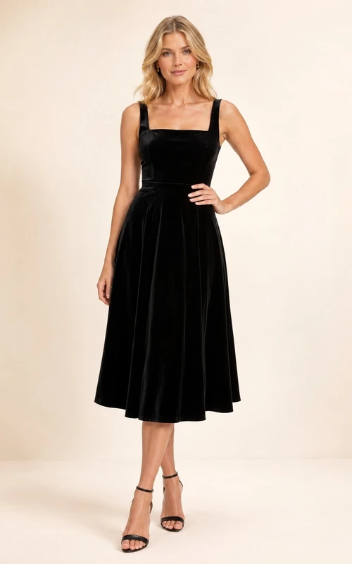 Robe midi en velours noir pour le bal de promo, avec encolure carrée, larges bretelles, taille cintrée et jupe trapèze.
