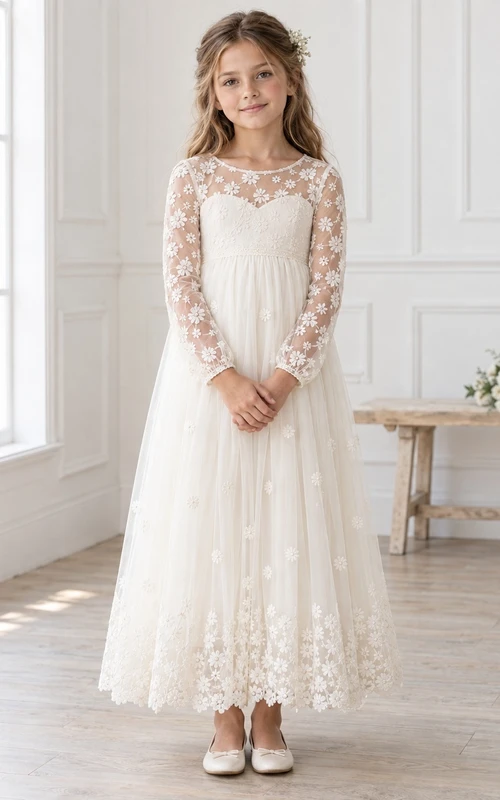 Long Sleeve Ivory Daisy Jewel Illusion Ankle-length A-Line Gathered Tulle Floral Border Cuff Flowergirl Dress