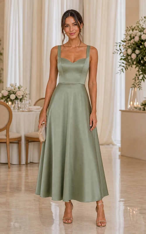 Salbeigrünes Satin-Midikleid mit eckigem Ausschnitt und A-Linien-Länge