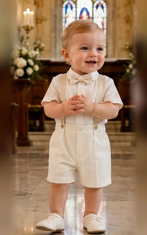 Ivory Bow Tie Vest Short Formal Christening Outfit for Baby Boy