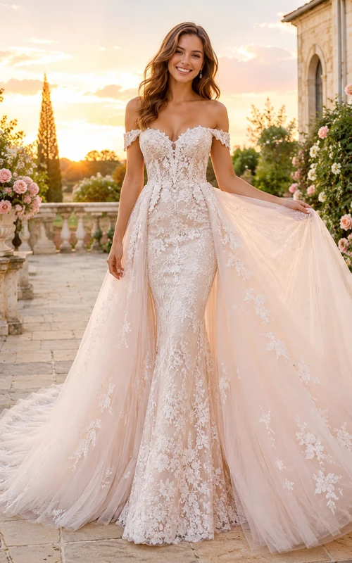Robe de mariée sirène en dentelle et tulle, épaules dénudées, manches courtes et traîne chapelle