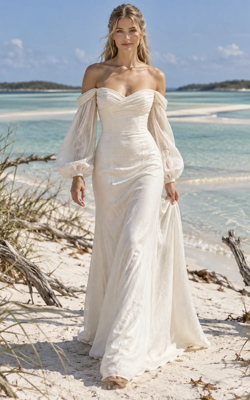 Brautkleid aus Leinen mit schulterfreiem Schnitt, langen Puffärmeln und drapiertem Etui-Oberteil