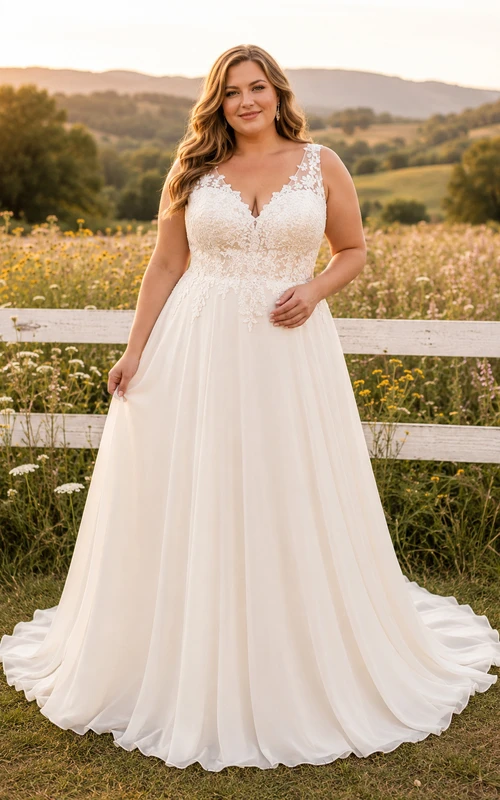Vestido de novia campestre de talla grande con corpiño de encaje y escote en V
