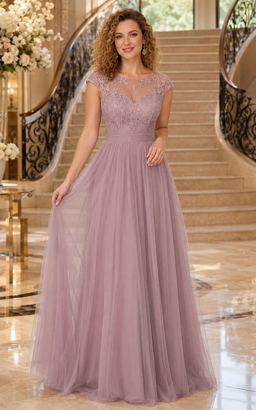 Lavender Chiffon Square Neck Short Sleeve A-Line Floor-length Formal Dress