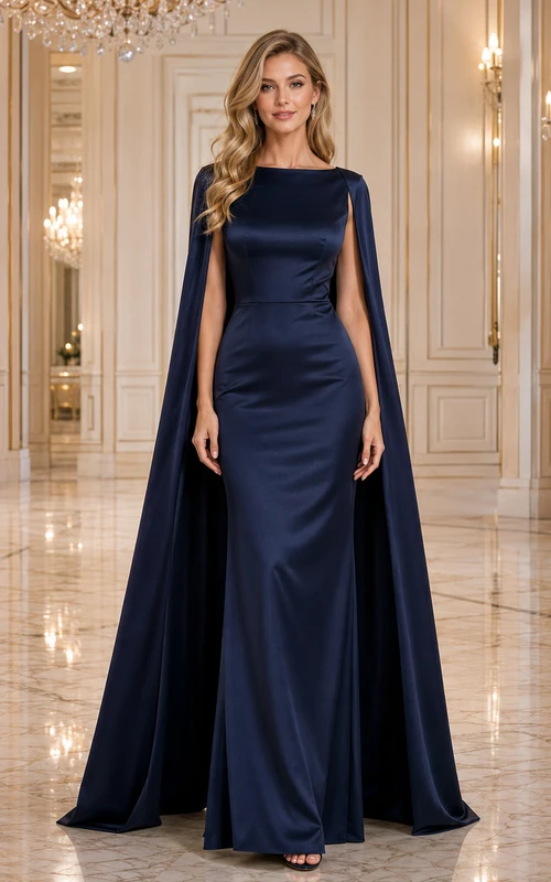 Vestido de noche largo de satén azul marino oscuro con mangas tipo capa
