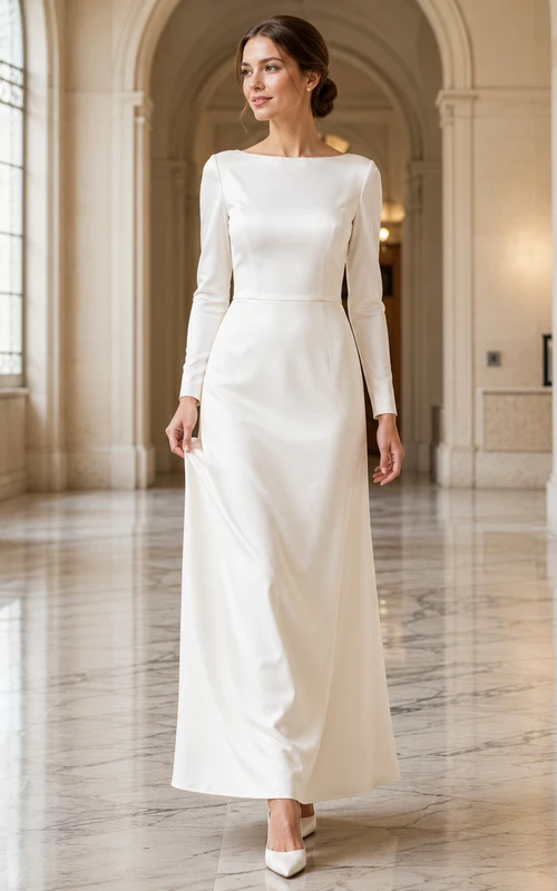 Modest Bateau Neck Satin Wedding Sheath Long Sleeve Floor Length Courthouse