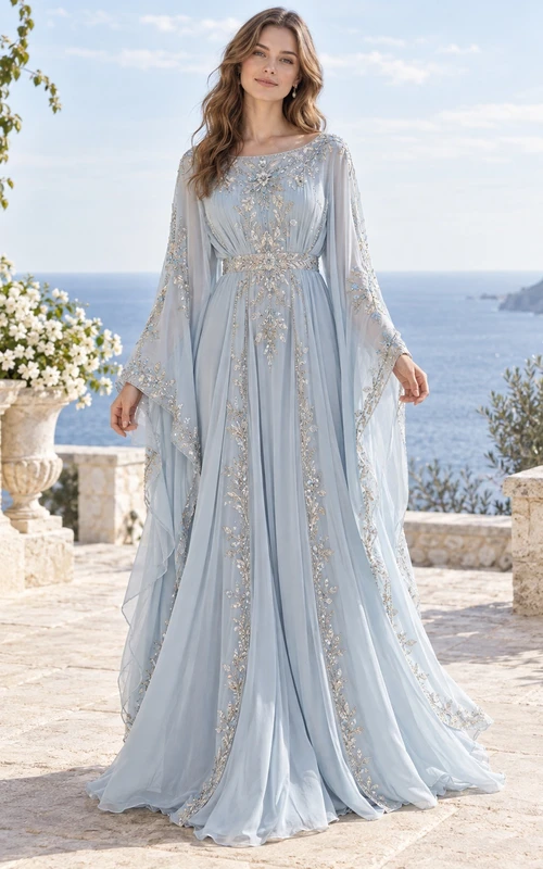Robe de mariée style bohème, manches longues cloche, bleu ciel, bordure en dentelle, caftan