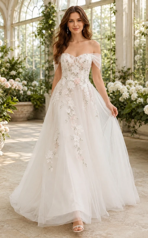 Romantic Off-Shoulder Floral Applique Tulle A-Line Floor-Length Garden Wedding Gown