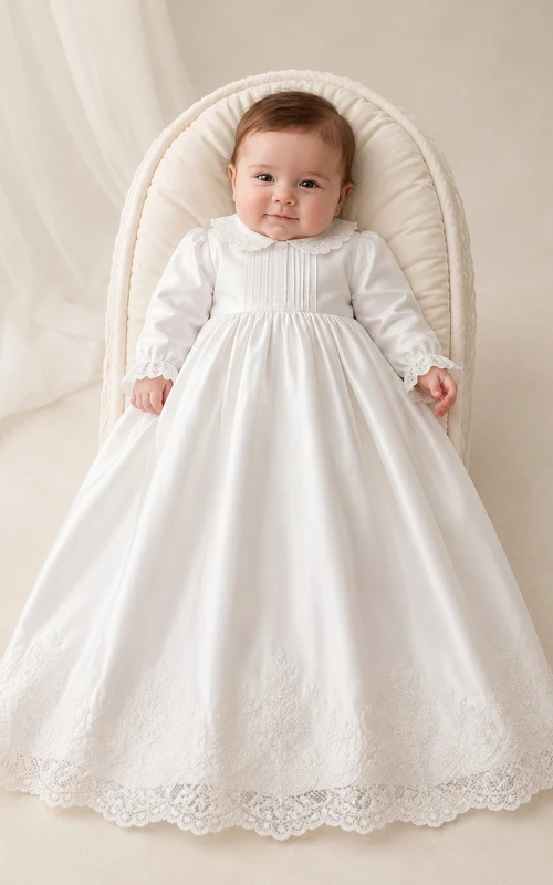 Newborn Baby Christening A-Line Long Sleeve Lace Hem Gown Modest Vintage
