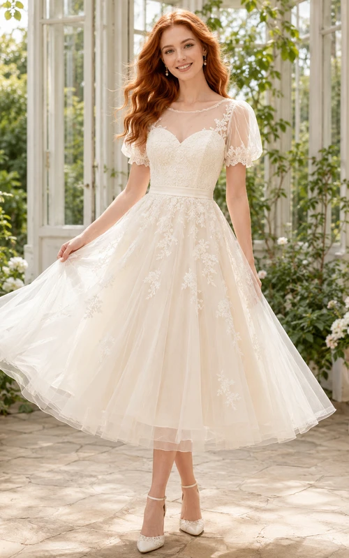 Adorable vestido de novia romántico de encaje y tul con mangas cortas y escote corazón hasta la rodilla