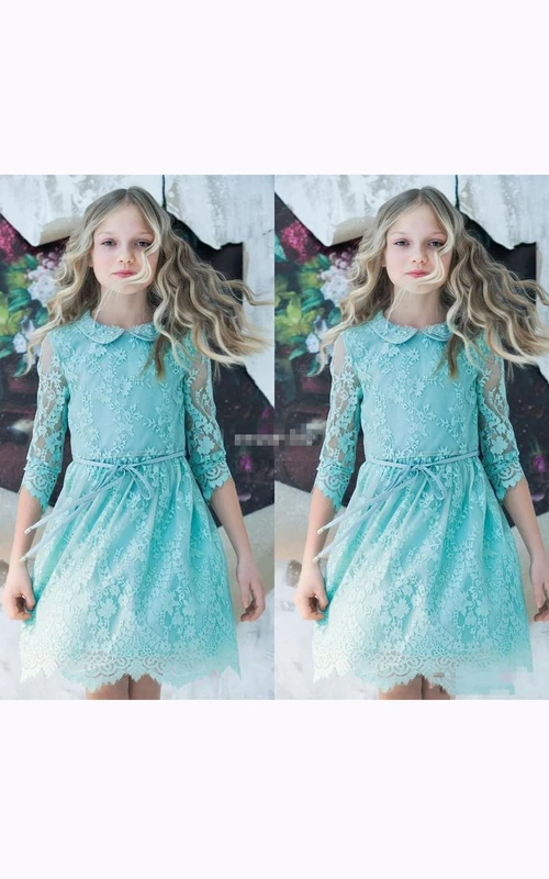 Vestido corto de encaje ilusión para niña de las flores con cuello Peter Pan