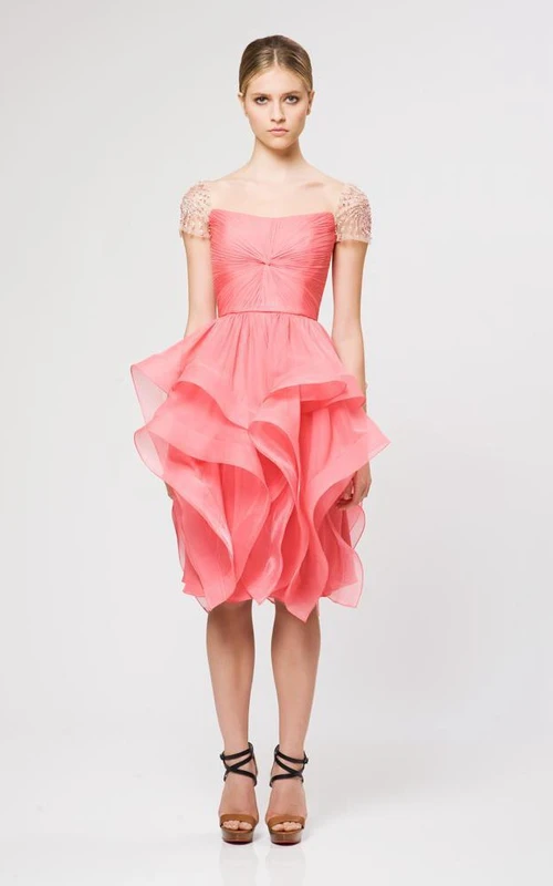 Sexy Bateau Neckline Beaded Capped Sleeves Tiers Skirt