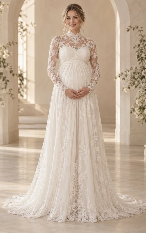 Robe de mariée de maternité modeste en tulle fleuri à col montant et manches longues, style robe de mariée ... en tulle à fleurs, col montant et manches longues.