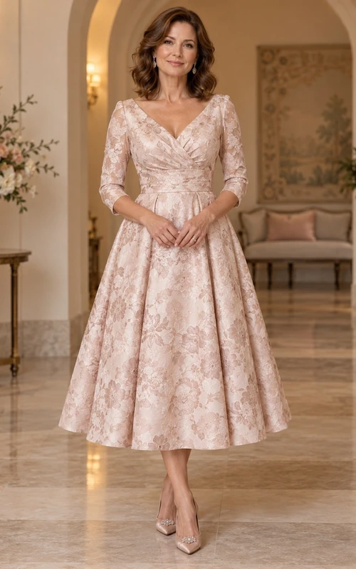 Vestido elegante de corte A con escote en V, mangas tres cuartos y largo hasta la rodilla, color rosa empolvado, estampado jacquard floral, para segunda boda.