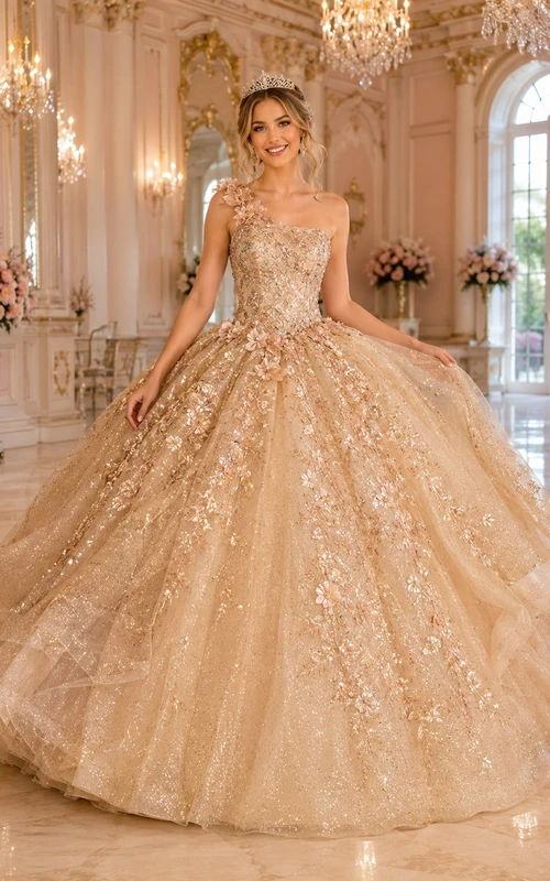 Goldbesetztes, einseitig schulterfreies Ballkleid aus Tüll mit Pailletten und Blumenmuster, Quinceañera-Kleid