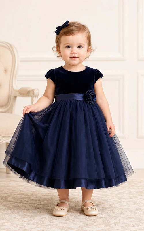 Vestido de bautizo de bebé de satén azul marino oscuro, manga corta, tul, corte en A, largo hasta la rodilla.