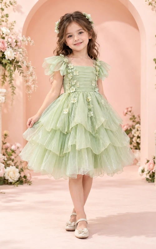 Feenhaftes mintgrünes Blumenmädchenkleid mit eckigem Ausschnitt, Rüschen und floralem Stufenrock aus Tüll