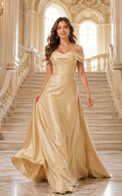 Robe de bal de palais en satin doré drapé à épaules dénudées