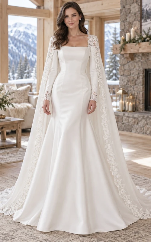Vestido de novia de invierno con capa de satén, cuello cuadrado, manga larga y borde de encaje, estilo sirena.