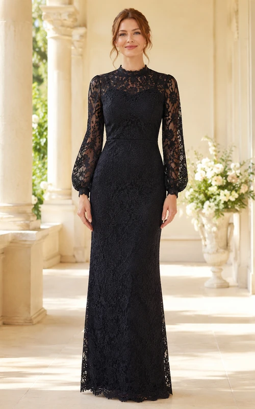 Schwarzes, hochgeschlossenes Etuikleid mit Illusionsspitze und langen Ärmeln – ein formelles Abendkleid