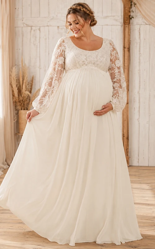 Robe de mariée empire en mousseline de soie et dentelle, col rond, manches longues illusion, taille grande, de maternité modeste.