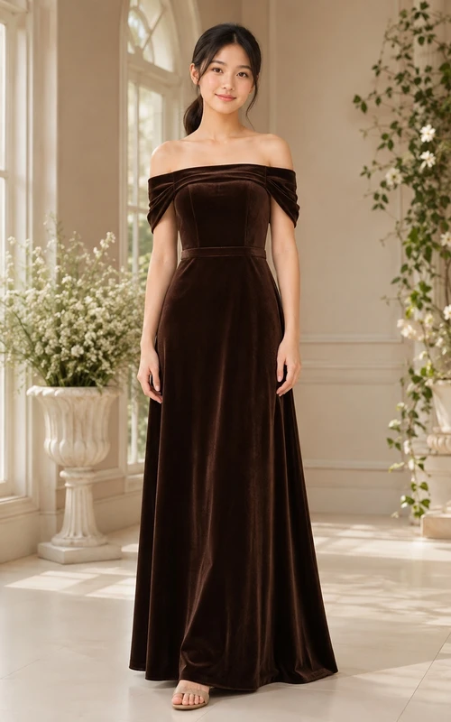 Schokoladenbraunes Brautjungfernkleid, A-Linie, schulterfrei, kurze Ärmel, Blütenblatt-Samtschleife, elegant