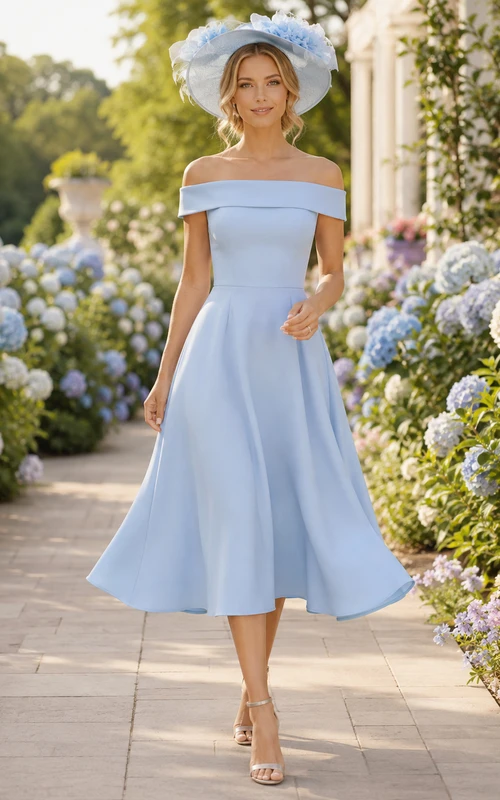 Light Blue Off Shoulder Derby Garden Tea Dress