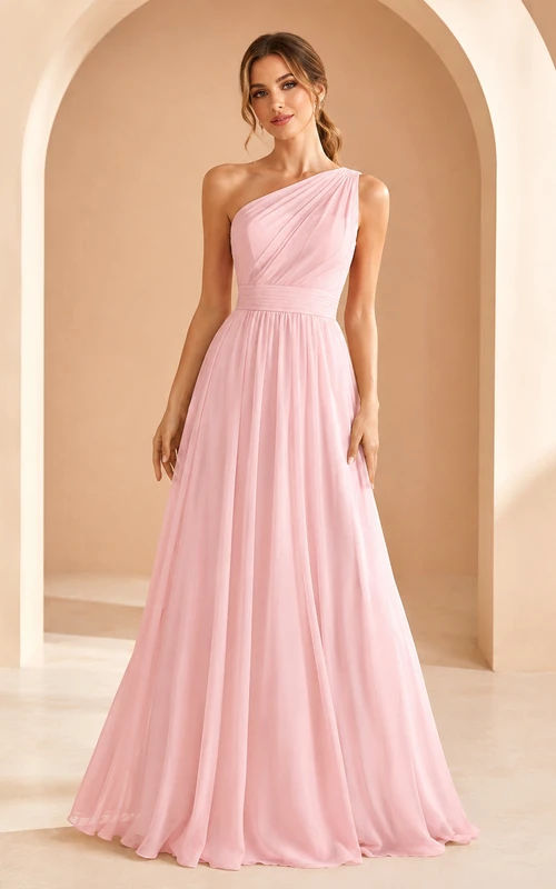 Rosafarbenes, schulterfreies Chiffon-Abendkleid in A-Linie, schlicht und bodenlang, für Damen