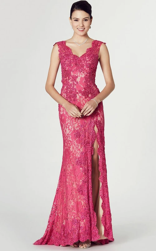 Sheath Split-Front Sleeveless V-Neck Long Lace Prom Dress With Appliques