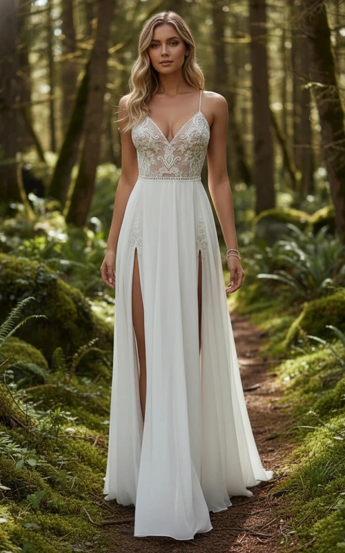 Robe de mariée sexy en mousseline fluide et dentelle à fines bretelles et fente haute.