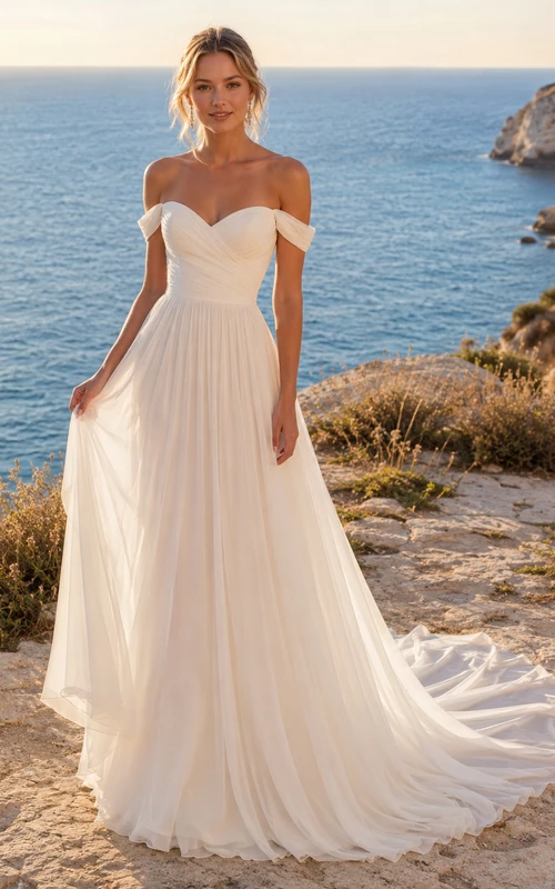 Beach Chiffon Tulle Wedding Dress A-Line Off Shoulder Sweep Train Bridal Gown