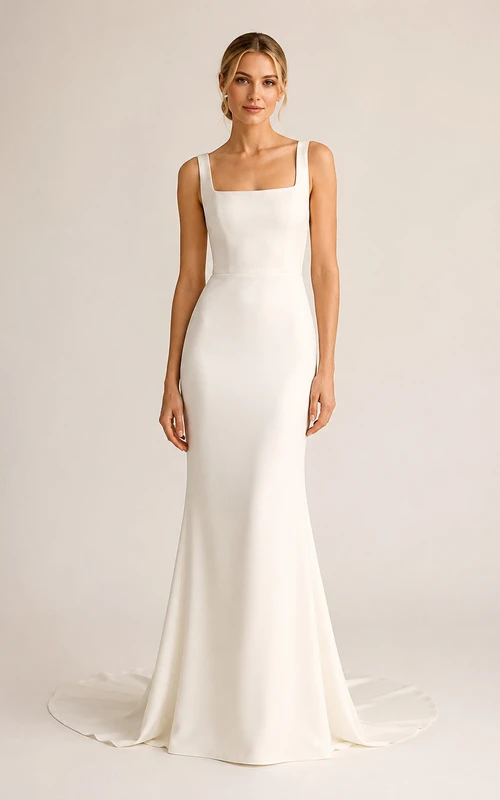 Robe de mariée minimaliste en satin, coupe sirène, col carré, sans manches, traîne.