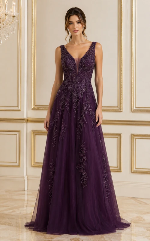 Robe de soirée prune ornée de perles, décolleté en V, coupe trapèze, en tulle.