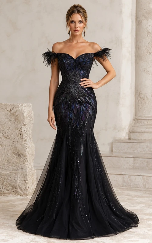 Schwarzes gotisches, schulterfreies Pailletten-Abendkleid im Meerjungfrauenstil mit Federn und Schleppe