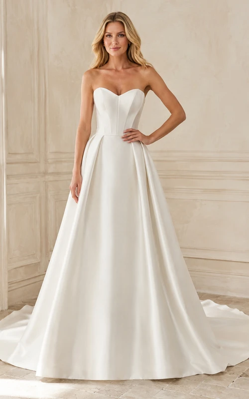 Vestido de novia de satén, corte A, sin tirantes, largo hasta el suelo, con escote en V en la espalda.
